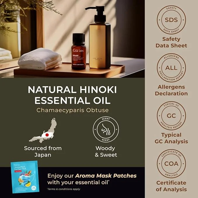 Gya Labs Hinoki Essential Oil for Diffuser & Skin - 0.34 Fl Oz - 100% Pure Natural Hinoki Oil for Hair, Massage, Aromather...