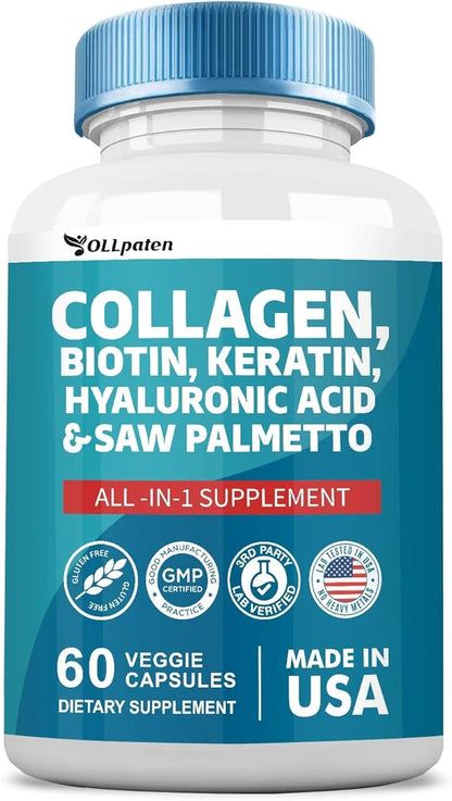 Collagen Pills 1000mg Biotin 10000mcg Keratin 2500mg Hyaluronic 60 Capsules