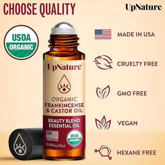 UpNature Beauty Essential Oil Blend Roll On - 100% Organic Castor Oil & Frankincense for Face Under Eye Roller Ball Roller...