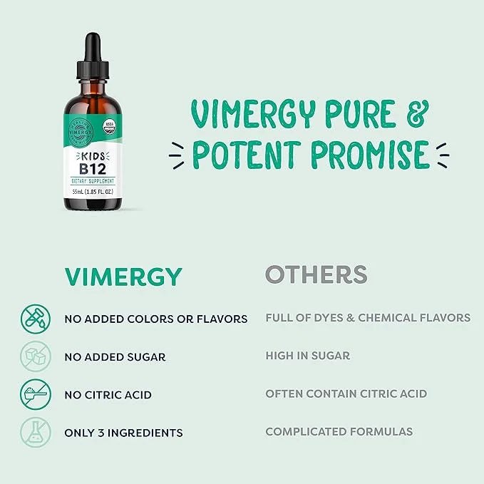 Vimergy Kids Organic Liquid B12 – Promotes Physical Development & Cognitive Function* – Fast-Absorbing Immune Support* – U...