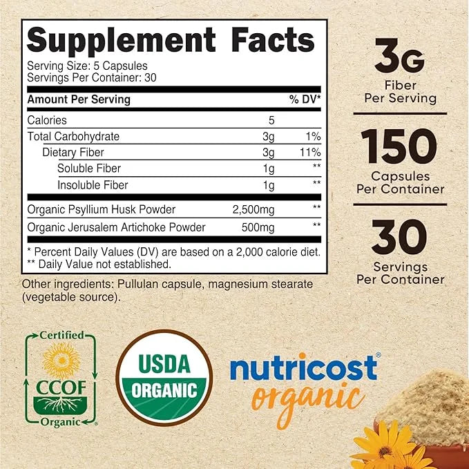 Nutricost Fiber Capsules with Prebiotic Fiber 150 Capsules 3 G