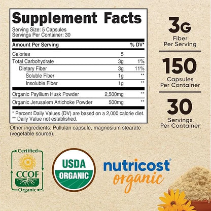 Nutricost Fiber Capsules with Prebiotic Fiber 150 Capsules 3 G