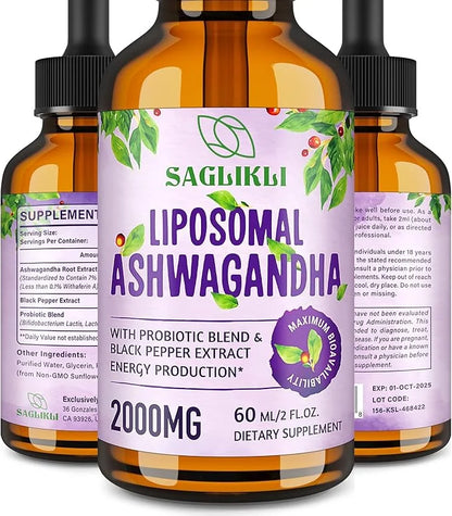 Liposomal Ashwagandha Liquid Drops 2000mg, Ashwagandha (7% Withanolides) 2 FL.OZ (1 Bottle)