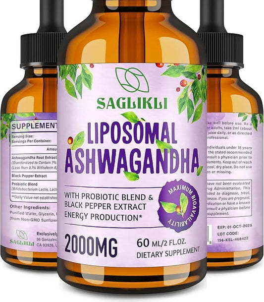 Liposomal Ashwagandha Liquid Drops 2000mg, Ashwagandha (7% Withanolides) 2 FL.OZ (1 Bottle)