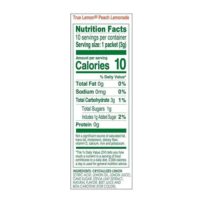 True Lemon Peach Lemonade Water Enhancer Drink Mix (10 Packets), Low Calorie Drink Mix Packets for Water, Powdered Drink M...
