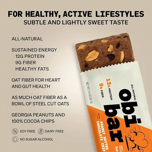 Obi Bar Peanut Butter Chocolate Chip - Protein and Oat Fiber Bar | All Natural | Subtle and Lightly Sweet Taste | Meal Bar...