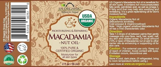 US Organic Macadamia Nut Oil Unrefined Virgin, USDA Certified Organic, Pure & Natural, Cold Pressed, Sourced in Kenya, in ...