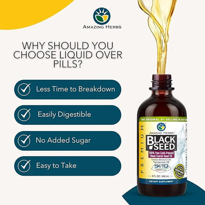 Amazing Herbs Premium Black Seed Oil - Cold Pressed Nigella Sativa Aids in Digestive Health, Immune Support, Brain Functio...