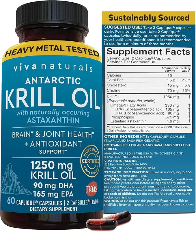 Viva Naturals Antarctic Krill Oil Omega 3 Fatty 1250 mg, 60 Count