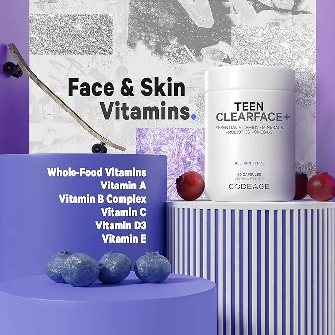 Codeage Teen Clearface Adolescent Face, Skin & Pimples, Vitamins A, C, D3, E, Pantothenic Acid, Niacin, Zinc Supplement Te...