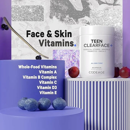 Codeage Teen Clearface Adolescent Face, Skin & Pimples, Vitamins A, C, D3, E, Pantothenic Acid, Niacin, Zinc Supplement Te...