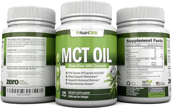 MCT Oil - 3000mg Per Serving - 180 Softgels - Made from 100% Organic Coconuts - Non GMO, Cold Pressed, Paleo Friendly Caps...
