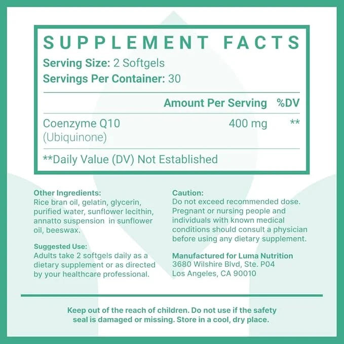 Luma Nutrition CoQ10 400mg Softgels Q10 - Q-10 200mg 200mg Softgel 400mg Per 60 Liquid