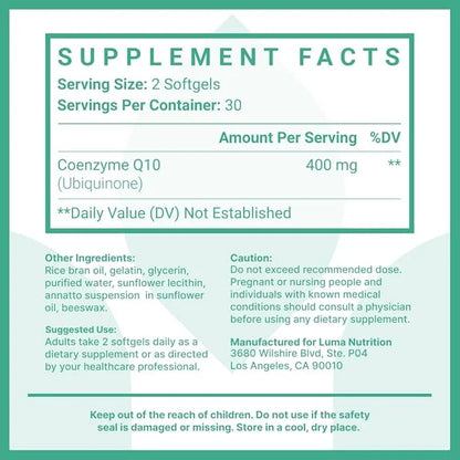 Luma Nutrition CoQ10 400mg Softgels Q10 - Q-10 200mg 200mg Softgel 400mg Per 60 Liquid