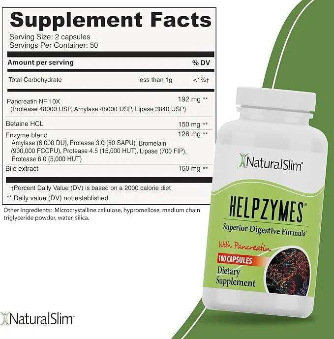 NaturalSlim Helpzymes Digestive Enzymes for Digestion, 100 Caps (3 Pack)
