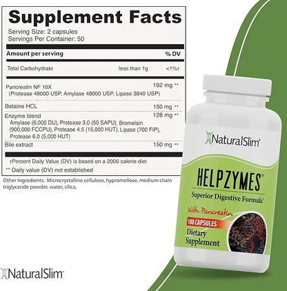 NaturalSlim Helpzymes Digestive Enzymes for Digestion, 100 Caps (3 Pack)