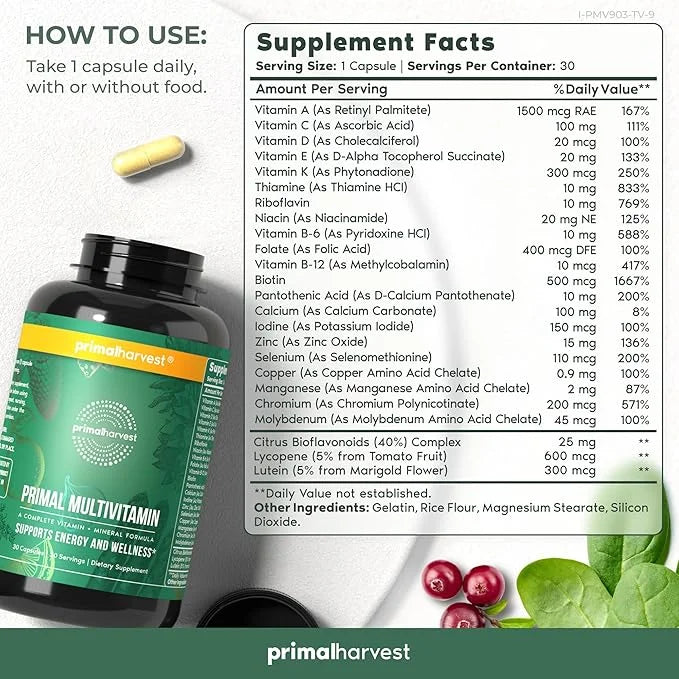 Primal Harvest Multivitamin for Women and B12, B6, B6, Biotin, (30 Capsules)