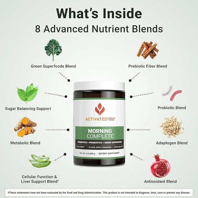 ACTIVATEDYOU Morning Complete Daily Wellness Greens Superfood Drink Mix for Gut Health w/Prebiotics, Probiotics, Antioxida...