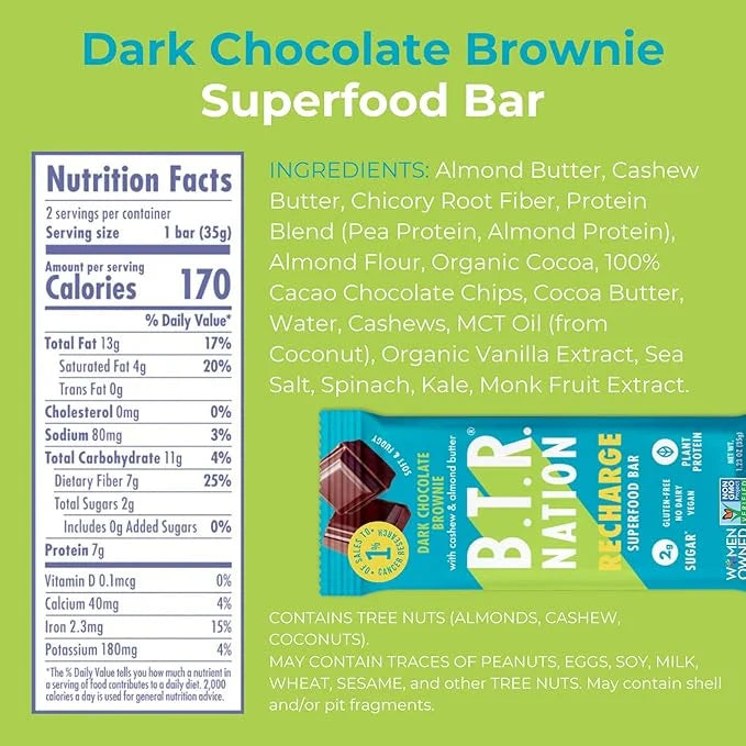B.T.R. Bar Superfood Keto Protein Bars, Plant Based Vegan Protein, Low Carb Food, Low Calorie, Gluten Free, No Sugar Alcoh...