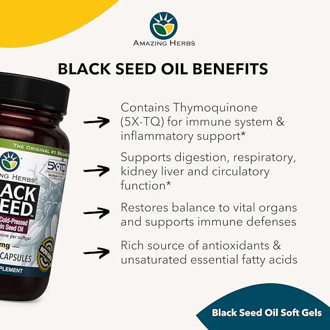 Amazing Herbs Premium Black Seed Oil Capsules - Gluten Free, Non GMO, Cold Pressed Nigella Sativa Aids in Digestive Health...