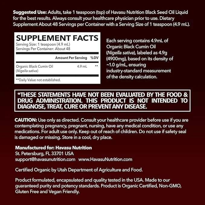 Organic Black Seed Oil Cold Pressed Liquid - 4900mg Black Cumin Supplement for Immune System Function, Joint Health, Diges...
