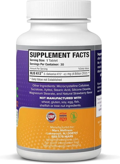 Oral Probiotic Supplement with BLIS K12 4 Billion CFU - Now Dairy Free - Doctor Formulated 30 Day Supply Bottle for Bad Br...