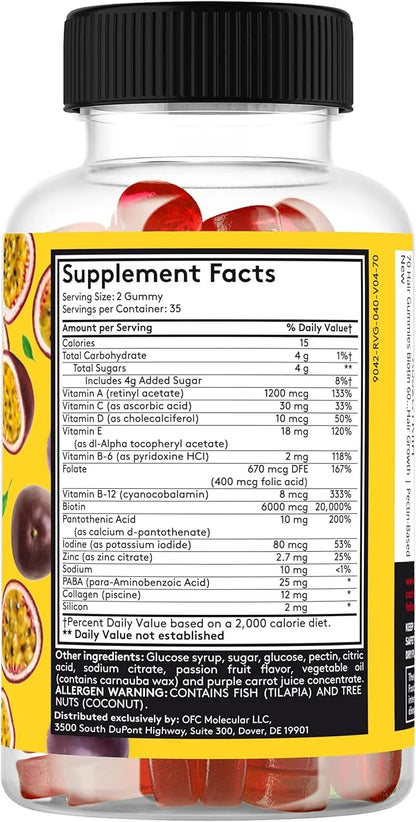 70 Hair Gummies Biotin 6000mcg Collagen 400mcg Vitamin