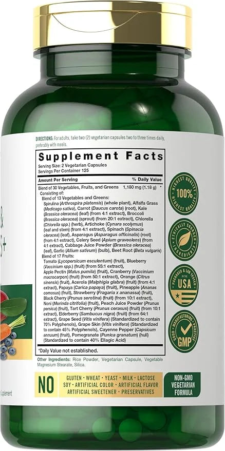 Carlyle Fruits and Veggies Supplement | 250 Capsules | Made with 30 Fruits and Vegetables | Vegetarian, Non-GMO, Gluten Fr...
