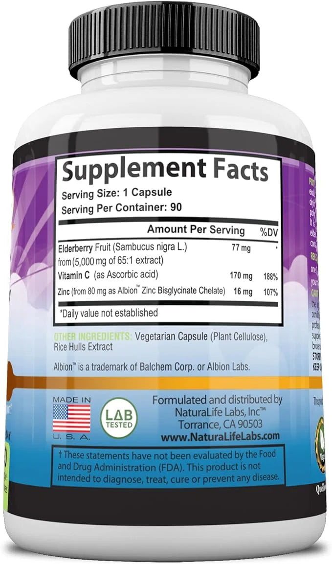 NaturaLife Labs Sambucus Elderberry 5,000 mg 65:1 with 90 Day 90 Veggie