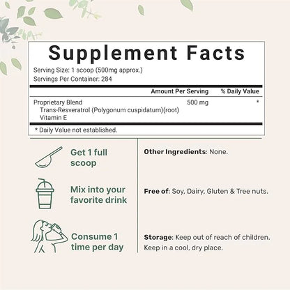 Pure Trans-Resveratrol Powder with Natural Vitamin 5 Ounce, 2 in 1 Formula,