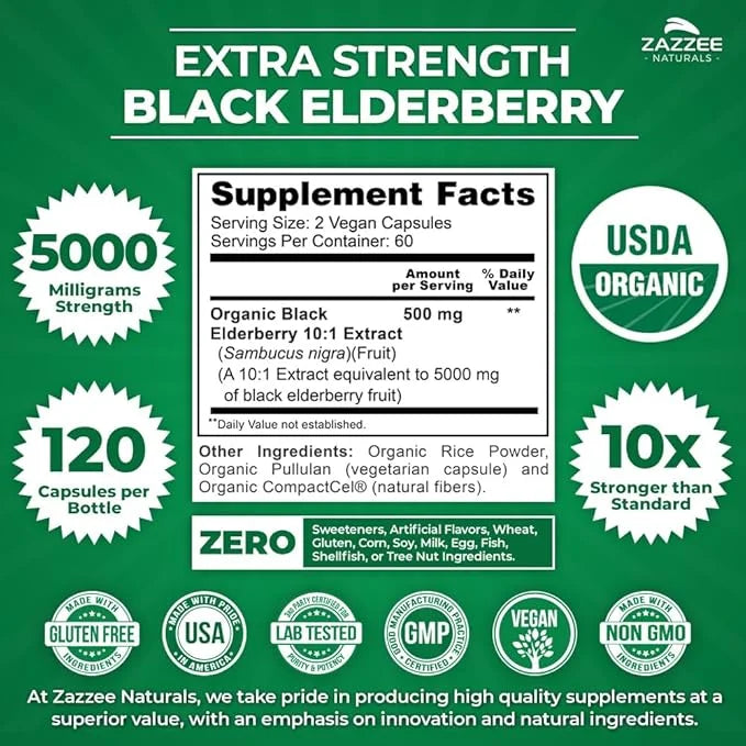 Zazzee USDA Organic Black Elderberry 10:1 5000 mg 120 Vegan 2 Month 10X Extract, 100% Vegetarian,