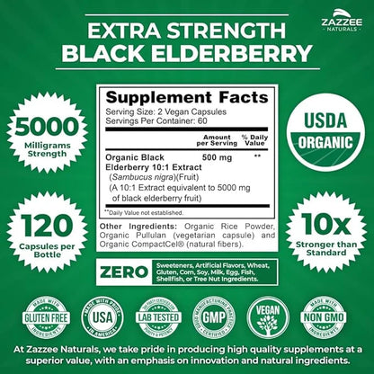 Zazzee USDA Organic Black Elderberry 10:1 5000 mg 120 Vegan 2 Month 10X Extract, 100% Vegetarian,