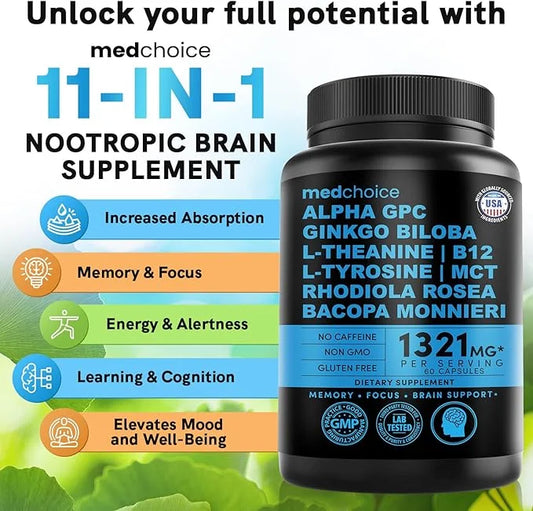 12-in-1 Nootropic Brain Supplement Anhydrous: Ginkgo Biloba for Brain Support, Memory and Focus - B12, Alpha GPC, L Theani...