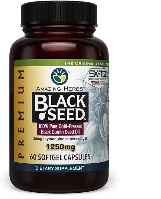 Amazing Herbs Premium Black Seed Oil Capsules - High Potency, Cold Pressed Nigella Sativa Aids in Digestive Health, Immune...