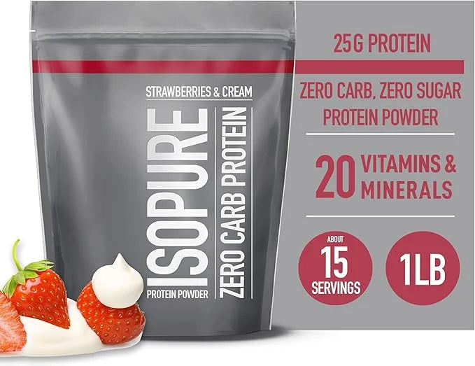Isopure Zero Carb 100% Pure Whey Isolate Protein Powder, Lactose Free, Gluten Free, With Vitamins, Strawberries & Cream, 2...