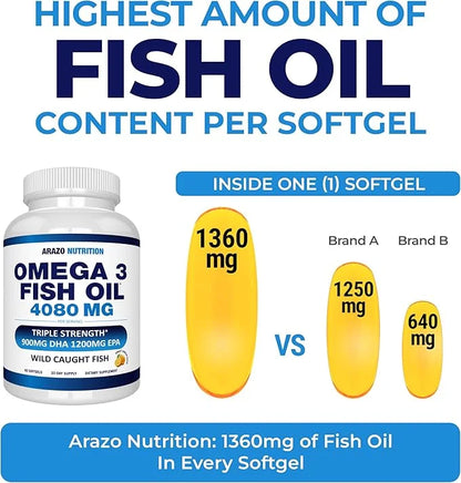 Arazo Nutrition Wild Caught Omega 3 60 Soft 4,080mg High 1200mg DHA 900mg Lemon