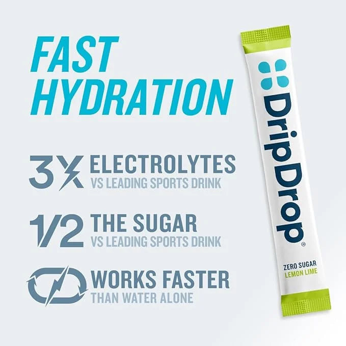 DripDrop Hydration - Zero Sugar Lemon Lime - Electrolyte Drink Mix Single Serve Powder Packets | Non-GMO, Gluten Free, Veg...