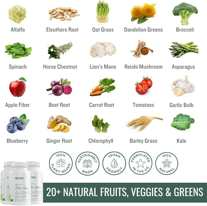 Nature's Sustenance Daily Greens, Fruits & Veggies Supplement - Superfood Vitamin Capsules - Enhance Energy, Mental Clarit...