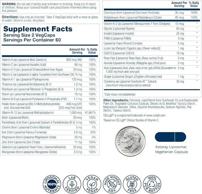 Solaray Liposomal Multivitamin for Women 50 B12, Biotin 60 Servings, 120 VegCaps