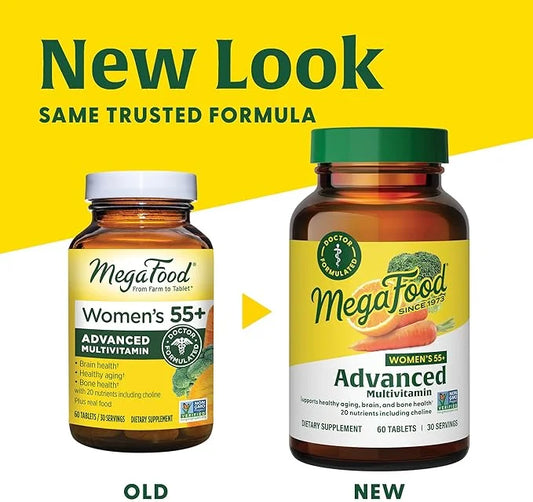 MegaFood Women's 55+ Advanced Multivitamin for Women D3, Vitamin B12, Biotin 60 Tabs (30 Servings)