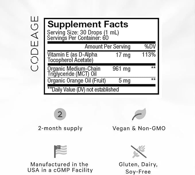 Codeage Liquid Vitamin E+ - USDA-Certified Organic Vitamin E - 2-Month Supply - D-Alpha Tocopherol Acetate, Organic MCT Oi...