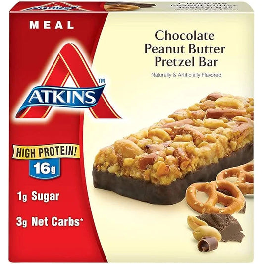 Atkins Chocolate Peanut Butter Pretzel Protein Meal Bar, High Fiber, 16g Protein, 1g Sugar, 4g Net Carbs, Meal Replacement...