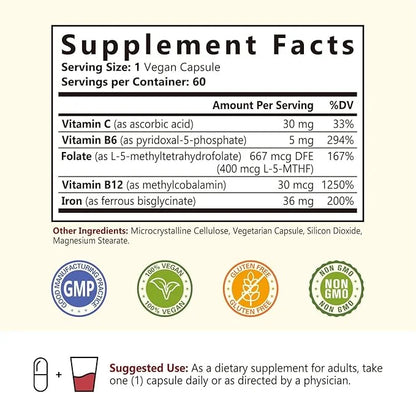 Iron Supplement, 36 mg of Elemental B6, B12, B12, folate, 60 Veggie
