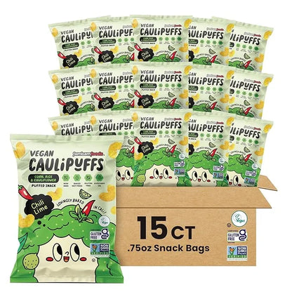 Vegan Chili Lime CauliPuffs - Corn, Rice, and Cauliflower Gluten Free Puffed Snack (box of 15-0.75oz bags) - Product Image