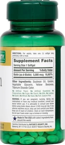 Nature's Bounty Biotin, Vitamin Supplement, Supports 5000 mcg, 72 Softgels