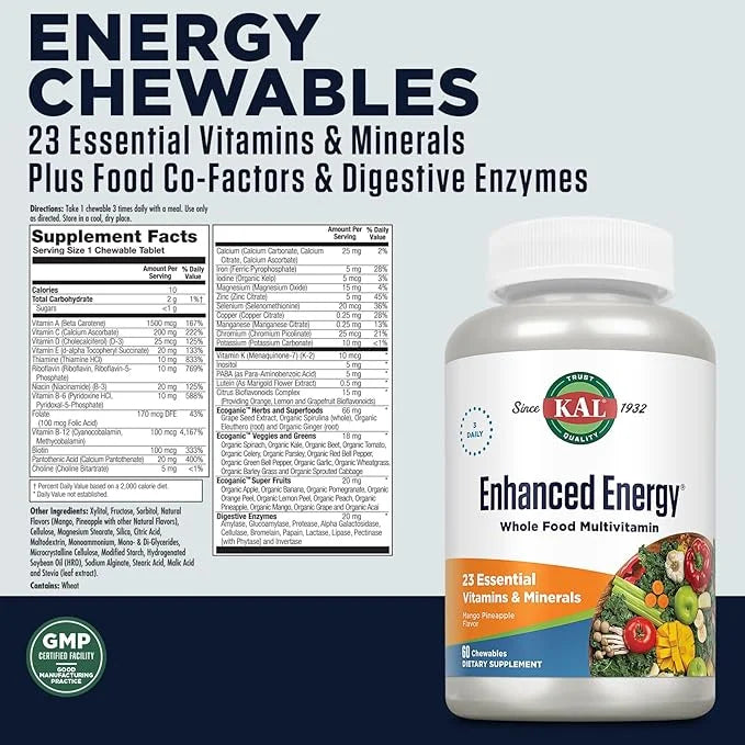 KAL Enhanced Energy Supplements, Whole Food 3 Daily, 23 Essential 60-Day Guarantee, 20 Serv, 60ct