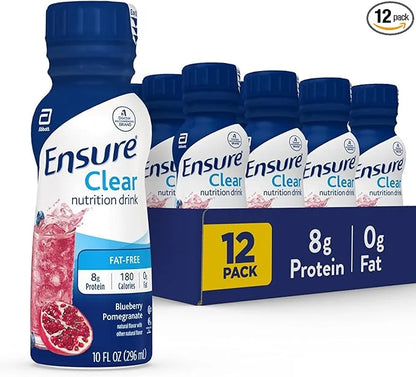 Ensure Liquid Clear Nutrition Drink, 0g fat, 8g of protein, Blueberry Pomegranate, 10 Fl Oz (Pack of 12), Bottle, gluten f...
