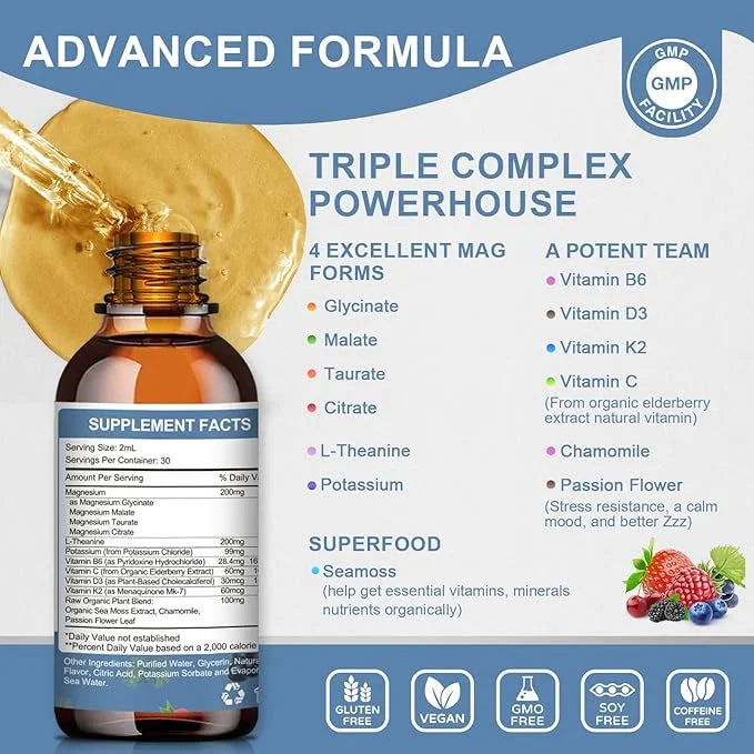 Magnesium Glycinate Liquid Drop - Triple Absorption Supplement to Support Nerves, Night, Heart, Muscles Metabolism* -Sugar...