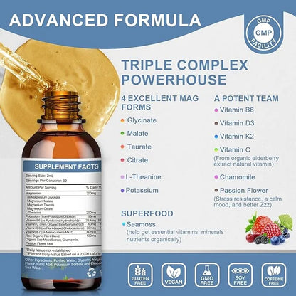 Magnesium Glycinate Liquid Drop - Triple Absorption Supplement to Support Nerves, Night, Heart, Muscles Metabolism* -Sugar...