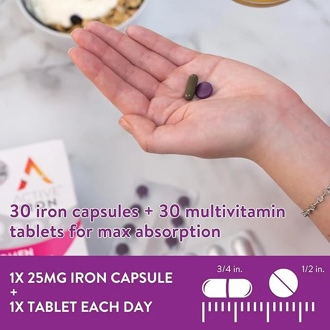 Active Iron for Women, Non-Constipating, 30 Active Iron High Potency Capsules with 30 Multivitamin Tablets, Helps Strength...